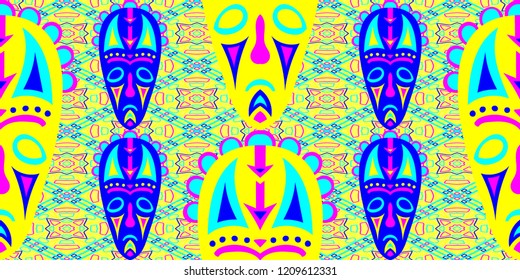 Seamless Folk Pattern. Ethnic Seamless Background with Color Trible Shamanic Masks for Print, Cloth, Fabric. Trendy Folk