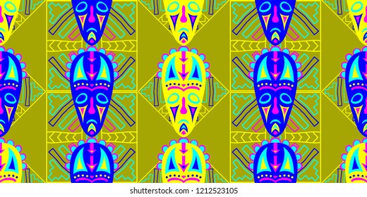 Seamless Folk Pattern. Ethnic Seamless Background with Color Trible Shamanic Masks for Chintz, Curtain, Paper. Trendy Folk