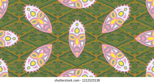Seamless Folk Pattern. Ethnic Seamless Background with Color Trible Shamanic Masks for Calico, Print, Textile. Trendy Abstract Back
