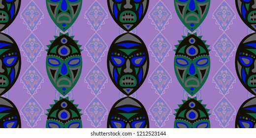 Seamless Folk Pattern. Ethnic Seamless Background with Color Trible Shamanic Masks for Chintz, Curtain, Paper. Trendy Abstract Motif with Colorful Scary Masks for your Design. Vector Texture.