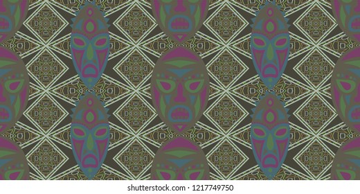 Seamless Folk Pattern. Ethnic Seamless Background with Color Trible Shamanic Masks for Cotton, Calico, Textile. Retro Abstract Back