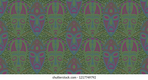 Seamless Folk Pattern. Ethnic Seamless Background with Color Trible Shamanic Masks for Cotton, Calico, Textile. Modern Abstract Motif with Colorful Scary Masks for your Design. Vector Texture.