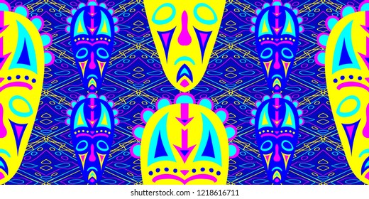 Seamless Folk Pattern. Ethnic Seamless Background with Color Trible Shamanic Masks for Print, Cloth, Textile. Retro Folk