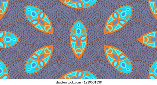 Seamless Folk Pattern. Ethnic Seamless Background with Color Trible Shamanic Masks for Wallpaper, Cotton, Textile. Retro Abstract Motif with Colorful Scary Masks for your Design. Vector Texture.