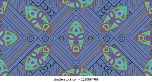 Seamless Folk Pattern. Ethnic Seamless Background with Color Trible Shamanic Masks for Cotton, Calico, Textile. Vintage Abstract Back