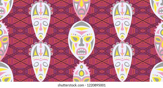 Seamless Folk Pattern. Ethnic Seamless Background with Color Trible Shamanic Masks for Calico, Print, Textile. Vintage Folk