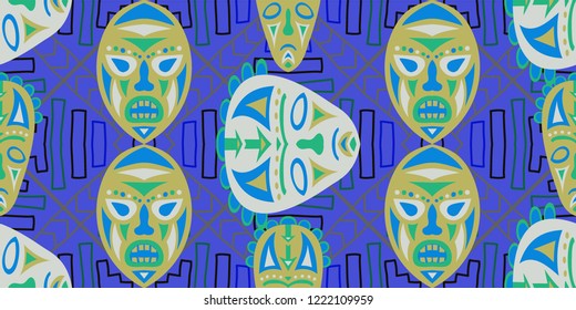 Seamless Folk Pattern. Ethnic Seamless Background with Color Trible Shamanic Masks for Wallpaper, Print, Textile. Vintage Abstract Back