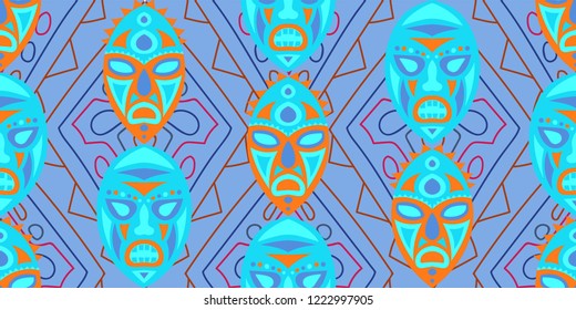 Seamless Folk Pattern. Ethnic Seamless Background with Color Trible Shamanic Masks for Print, Cloth, Fabric. Modern Abstract Motif with Colorful Scary Masks for your Design. Vector Texture.