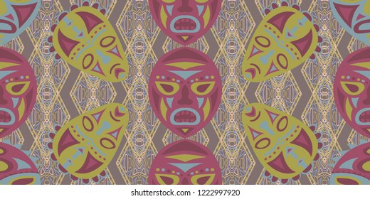 Seamless Folk Pattern. Ethnic Seamless Background with Color Trible Shamanic Masks for Dress, Curtain, Paper. Trendy Abstract Back