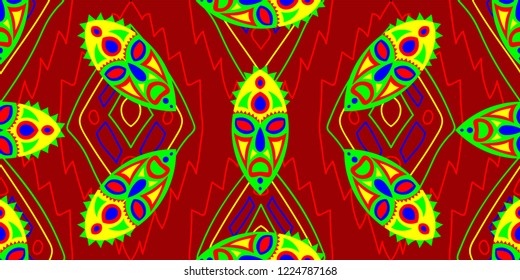 Seamless Folk Pattern. Ethnic Seamless Background with Color Tribal Shamanic Masks for Print, Fabric, Textile.  Vintage Folk