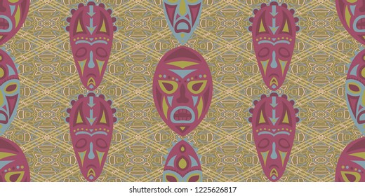 Seamless Folk Pattern. Ethnic Seamless Background with Color Trible Shamanic Masks for Print, Fabric, Textile. Modern Abstract Back
