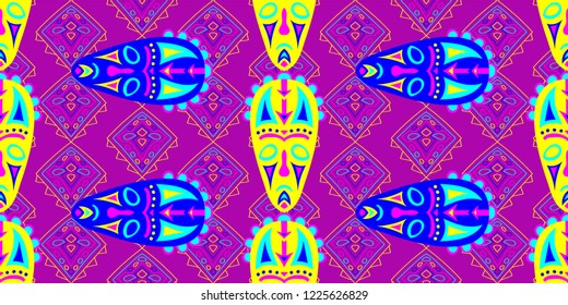 Seamless Folk Pattern. Ethnic Seamless Background with Color Trible Shamanic Masks for Print, Cloth, Textile. Trendy Abstract Motif with Colorful Scary Masks for your Design. Vector Texture.