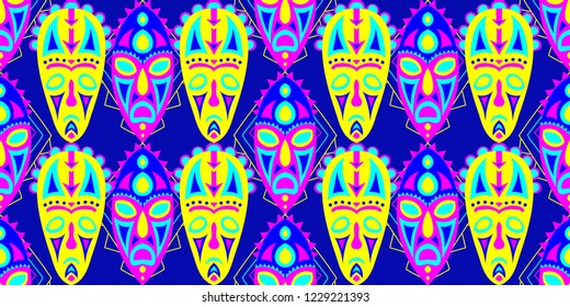 Seamless Folk Pattern. Ethnic Seamless Background with Color Trible Shamanic Masks for Calico, Print, Textile. Retro Folk