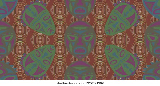 Seamless Folk Pattern. Ethnic Seamless Background with Color Trible Shamanic Masks for Chintz, Linen, Wallpaper. Retro Abstract Back