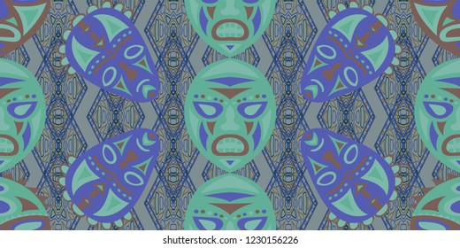 Seamless Folk Pattern. Ethnic Seamless Background with Color Trible Shamanic Masks for Chintz, Linen, Wallpaper. Vintage Abstract Back