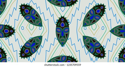 Seamless Folk Pattern. Ethnic Seamless Background with Color Trible Shamanic Masks for Print, Fabric, Textile. Retro Abstract Back
