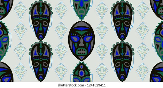 Seamless Folk Pattern. Ethnic Seamless Background with Color Trible Shamanic Masks for Linen, Paper, Tablecloth. Retro Folk