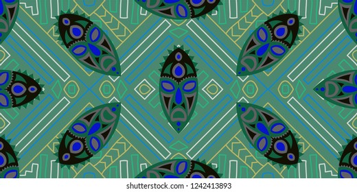 Seamless Folk Pattern. Ethnic Seamless Background with Color Trible Shamanic Masks for Wallpaper, Print, Textile. Trendy Abstract Motif with Colorful Scary Masks for your Design. Vector Texture.