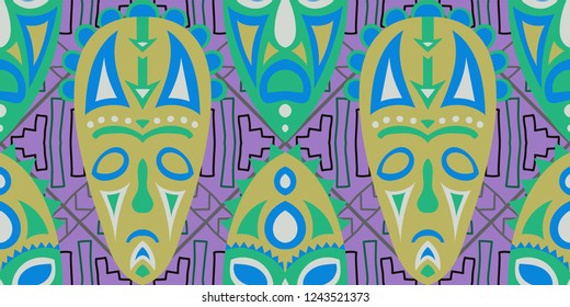 Seamless Folk Pattern. Ethnic Seamless Background with Color Trible Shamanic Masks for Print, Fabric, Cloth. Trendy Abstract Motif with Colorful Scary Masks for your Design. Vector Texture.