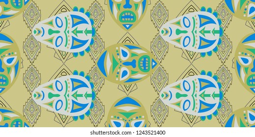 Seamless Folk Pattern. Ethnic Seamless Background with Color Trible Shamanic Masks for Fabric, Cloth, Textile. Trendy Abstract Back