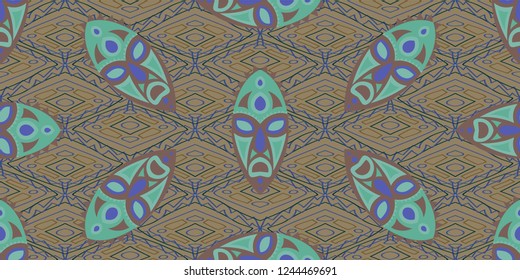 Seamless Folk Pattern. Ethnic Seamless Background with Color Trible Shamanic Masks for Print, Cloth, Fabric. Vintage Abstract Back