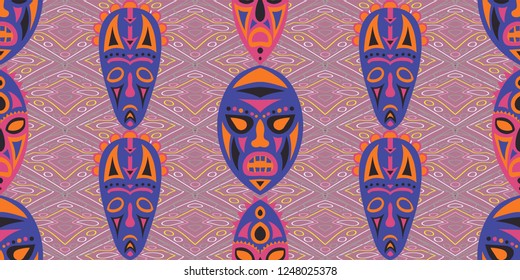 Seamless Folk Pattern. Ethnic Seamless Background with Color Trible Shamanic Masks for Chintz, Linen, Wallpaper. Vintage Folk