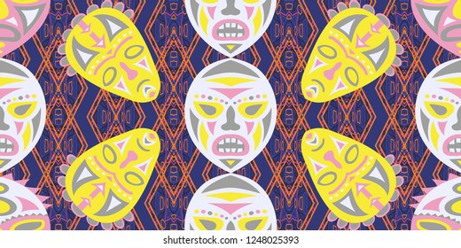 Seamless Folk Pattern. Ethnic Seamless Background with Color Trible Shamanic Masks for Cotton, Print, Calico. Vintage Folk