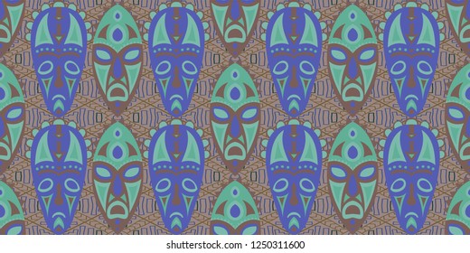 Seamless Folk Pattern. Ethnic Seamless Background with Color Trible Shamanic Masks for Wallpaper, Cotton, Textile. Trendy Abstract Motif with Colorful Scary Masks for your Design. Vector Texture.