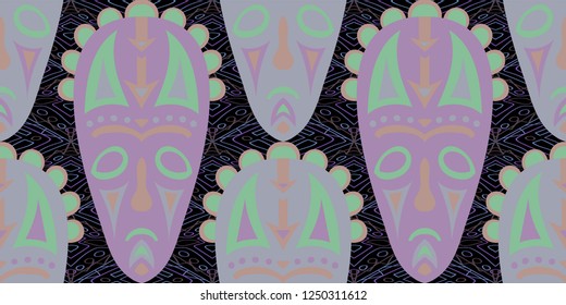 Seamless Folk Pattern. Ethnic Seamless Background with Color Trible Shamanic Masks for Print, Cloth, Fabric. Trendy Folk