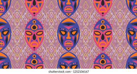 Seamless Folk Pattern. Ethnic Seamless Background with Color Trible Shamanic Masks for Print, Cloth, Textile. Vintage Abstract Back