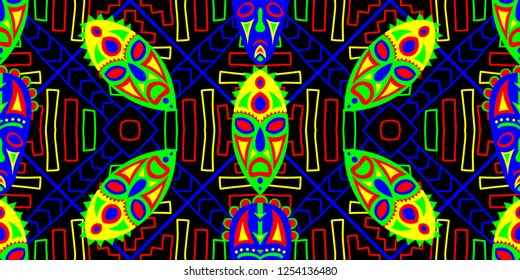 Seamless Folk Pattern. Ethnic Seamless Background with Color Trible Shamanic Masks for Wallpaper, Print, Cotton. Vintage Abstract Back