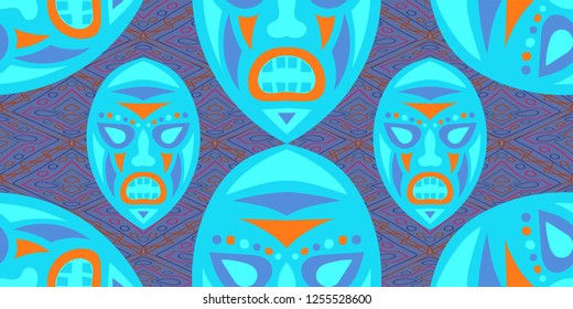 Seamless Folk Pattern. Ethnic Seamless Background with Color Trible Shamanic Masks for Chintz, Curtain, Paper. Trendy Abstract Back