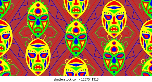 Seamless Folk Pattern. Ethnic Seamless Background with Color Trible Shamanic Masks for Fabric, Cloth, Textile. Retro Abstract Motif with Colorful Scary Masks for your Design. Vector Texture.