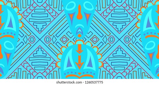 Seamless Folk Pattern. Ethnic Seamless Background with Color Trible Shamanic Masks for Linen, Paper, Tablecloth. Trendy Folk