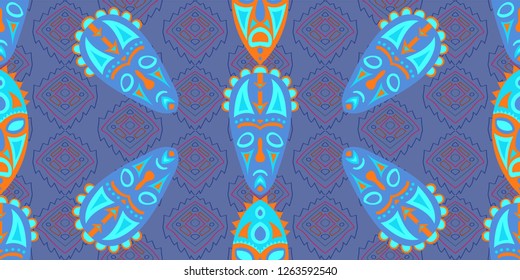 Seamless Folk Pattern. Ethnic Seamless Background with Color Trible Shamanic Masks for Fabric, Cloth, Textile. Retro Folk