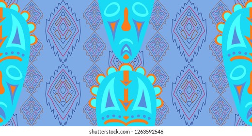 Seamless Folk Pattern. Ethnic Seamless Background with Color Trible Shamanic Masks for Fabric, Cloth, Textile. Vintage Folk