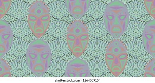 Seamless Folk Pattern. Ethnic Seamless Background with Color Trible Shamanic Masks for Cotton, Print, Calico. Retro Abstract Motif with Colorful Scary Masks for your Design. Vector Texture.