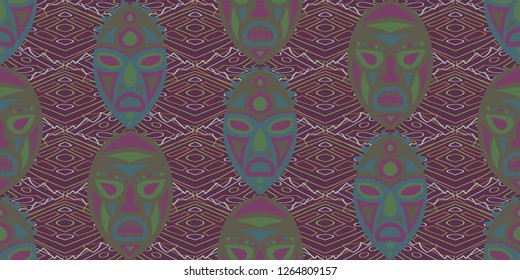 Seamless Folk Pattern. Ethnic Seamless Background with Color Trible Shamanic Masks for Print, Fabric, Cloth. Vintage Abstract Back