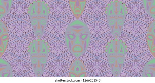 Seamless Folk Pattern. Ethnic Seamless Background with Color Trible Shamanic Masks for Wallpaper, Print, Cotton. Modern Abstract Motif with Colorful Scary Masks for your Design. Vector Texture.