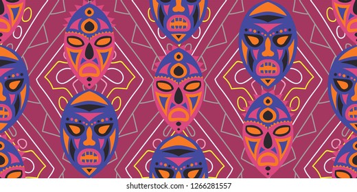 Seamless Folk Pattern. Ethnic Seamless Background with Color Trible Shamanic Masks for Dress, Paper, Tablecloth. Retro Abstract Back