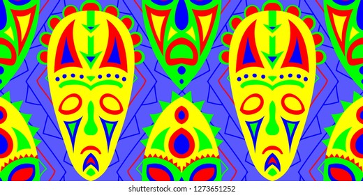 Seamless Folk Pattern. Ethnic Seamless Background with Color Trible Shamanic Masks for Linen, Paper, Tablecloth. Trendy Abstract Motif with Colorful Scary Masks for your Design. Vector Texture.