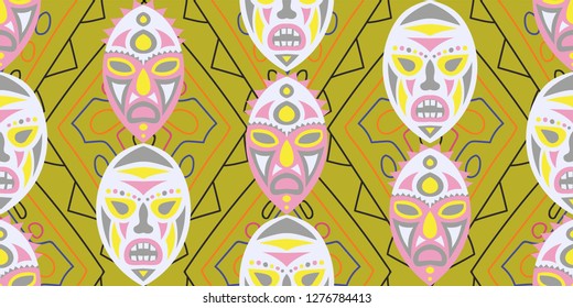 Seamless Folk Pattern. Ethnic Seamless Background with Color Trible Shamanic Masks for Print, Cloth, Textile. Modern Abstract Back