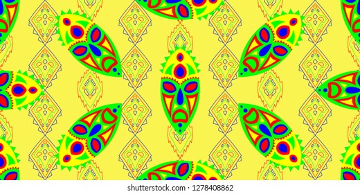 Seamless Folk Pattern. Ethnic Seamless Background with Color Trible Shamanic Masks for Wallpaper, Fabric, Textile. Retro Folk