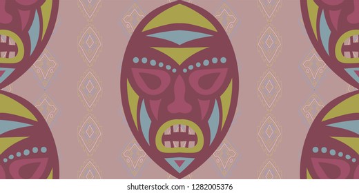 Seamless Folk Pattern. Ethnic Seamless Background with Color Trible Shamanic Masks for Chintz, Linen, Wallpaper. Modern Abstract Motif with Colorful Scary Masks for your Design. Vector Texture.