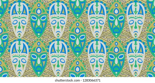 Seamless Folk Pattern. Ethnic Seamless Background with Color Trible Shamanic Masks for Wallpaper, Cotton, Textile. Retro Abstract Back