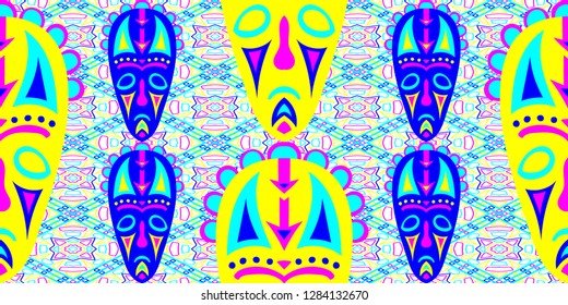 Seamless Folk Pattern. Ethnic Seamless Background with Color Trible Shamanic Masks for Chintz, Linen, Paper. Trendy Abstract Motif with Colorful Scary Masks for your Design. Vector Texture.