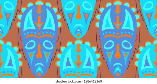 Seamless Folk Pattern. Ethnic Seamless Background with Color Trible Shamanic Masks for Print, Cloth, Textile. Retro Folk