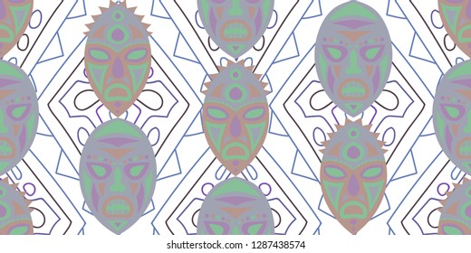 Seamless Folk Pattern. Ethnic Seamless Background with Color Trible Shamanic Masks for Chintz, Linen, Paper. Retro Folk