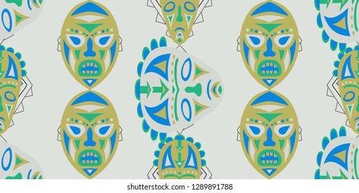 Seamless Folk Pattern. Ethnic Seamless Background with Color Trible Shamanic Masks for Cotton, Print, Calico. Vintage Abstract Motif with Colorful Scary Masks for your Design. Vector Texture.