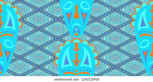 Seamless Folk Pattern. Ethnic Seamless Background with Color Trible Shamanic Masks for Cotton, Print, Textile. Retro Abstract Back